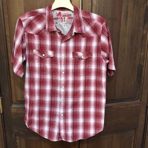 Red and white checked button down shirt